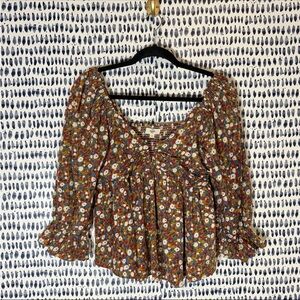 Entro Floral Blouse sz L Puffy Long Sleeves V-Neck Mustard Yellow Boutique Top